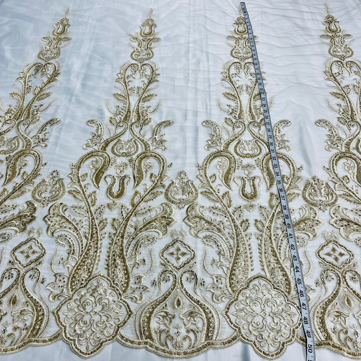 1 Yard Luxury Beaded Lace Fabric Embroidered on Polyester Net Mesh Width 50 Inches