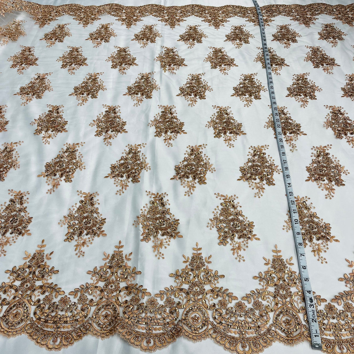 1 Yard Hand-Beaded Gold Corded Lace Fabric Embroidered on Polyester Net Mesh 56 inch Width