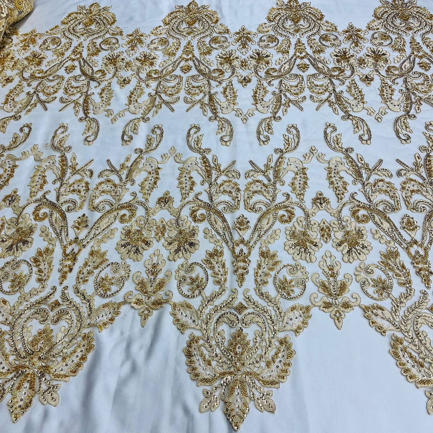 1 Yard Sparkling Beaded Corded Bridal Lace Fabric Embroidered on Premium Mesh 51