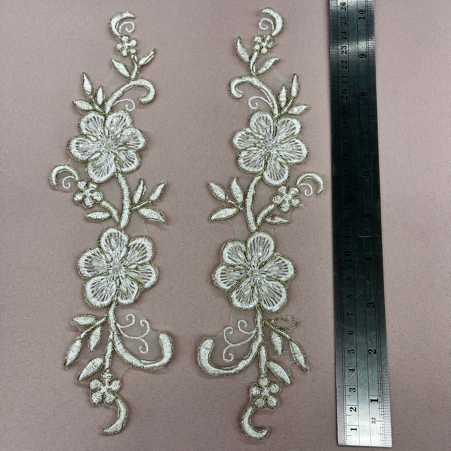 1 Pair Beaded & Corded Lace Applique 10" x 2" Each Side