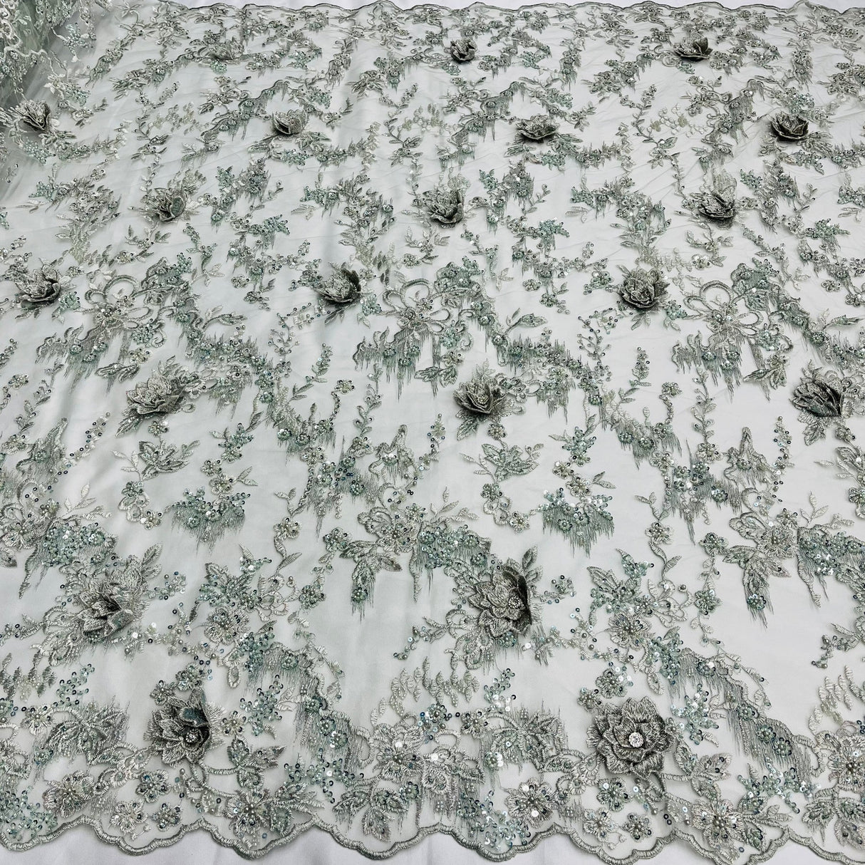 1 Yard Beaded Rhinestone 3D Floral Lace Fabric for Bridal Dresses Dance Costumes 50" Width