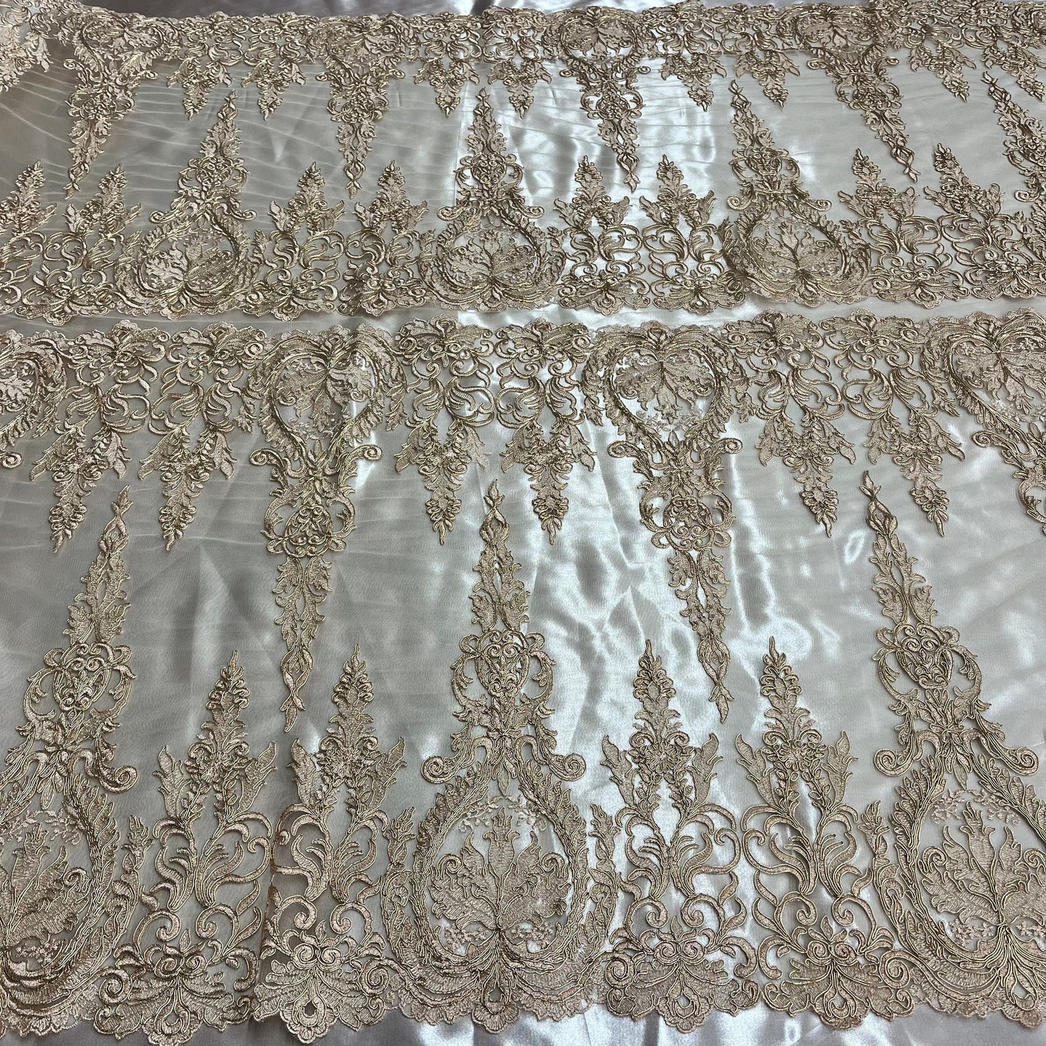 1 Yard Luxurious Corded Bridal Lace Fabric Embroidered on Premium Polyester Mesh 52