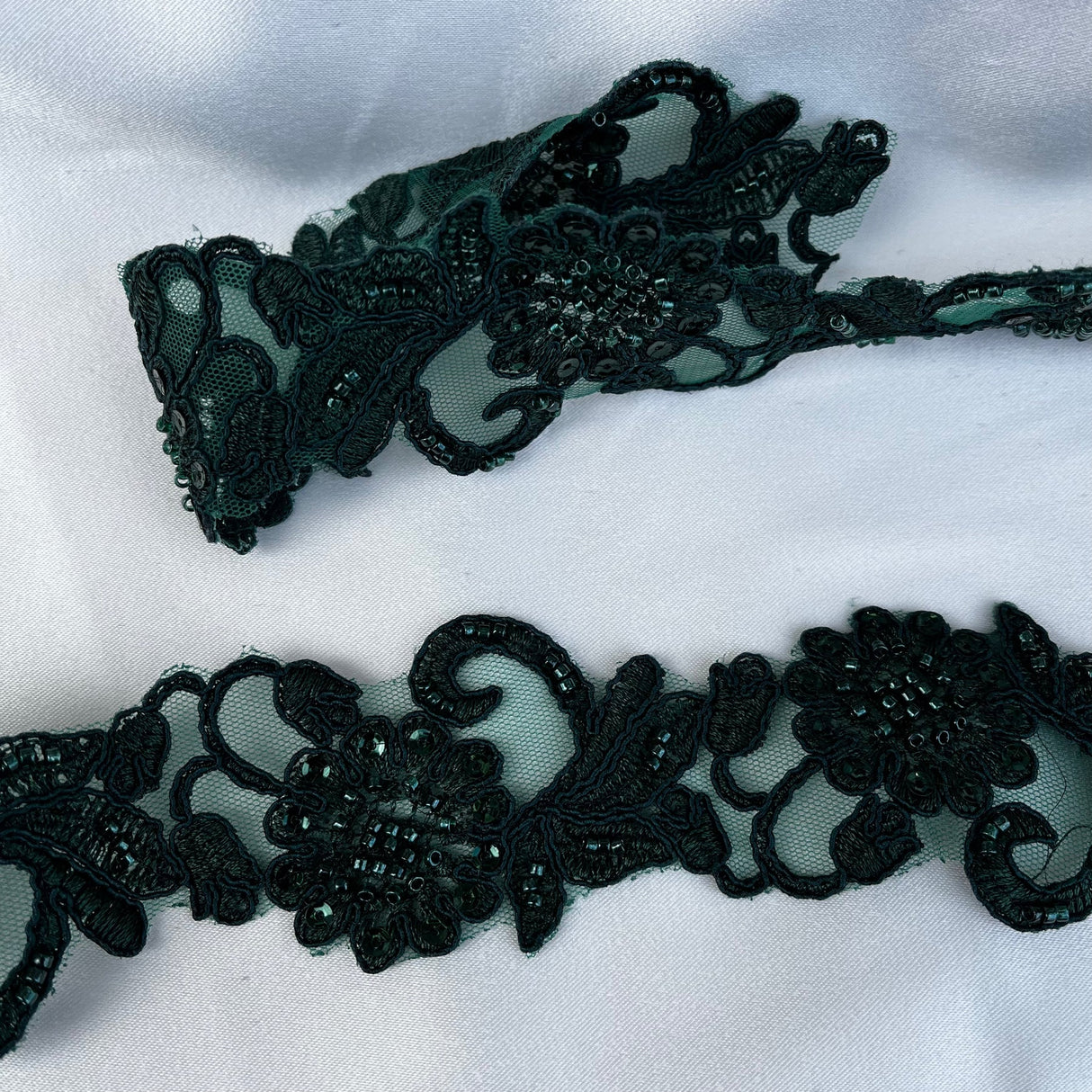 1 Yard Handmade Beaded & Corded Lace Trimming Embroidered on Polyester Organza 2 Inch Width