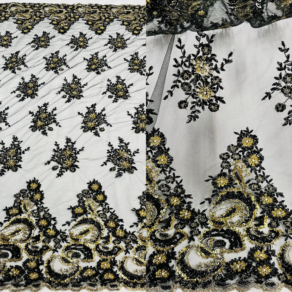 1 Yard Glamorous Black and Gold Beaded Sequined Lace Fabric on Polyester Net Mesh 52 inch Width