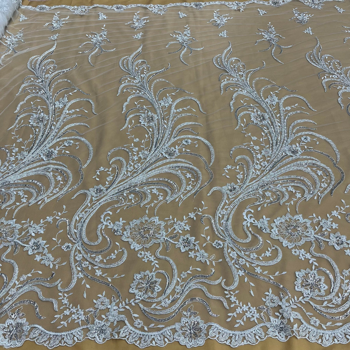 1 Yard Elegant Beaded Corded Bridal Lace Fabric Embroidered on Premium Mesh 52