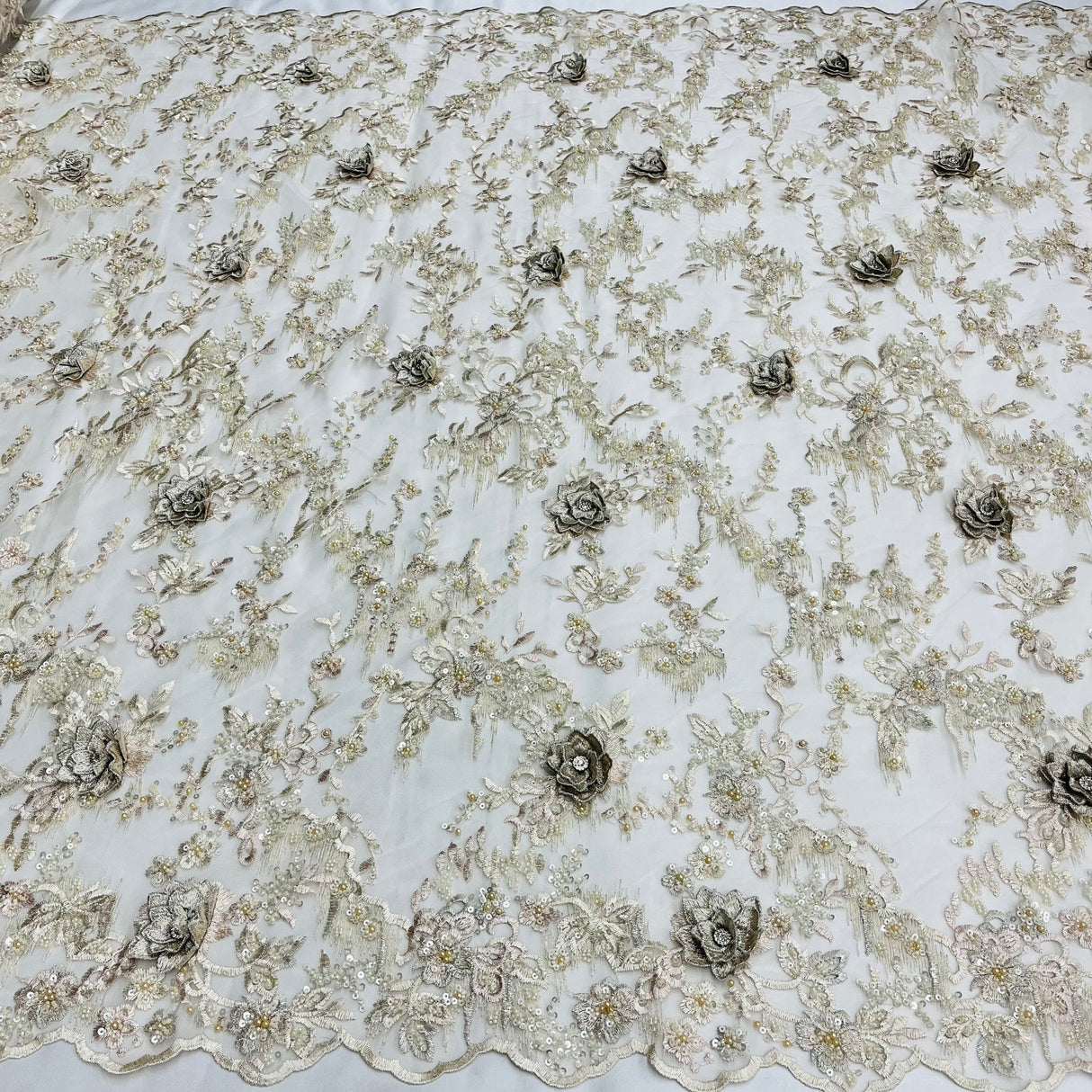 1 Yard Beaded Rhinestone 3D Floral Lace Fabric for Bridal Dresses Dance Costumes 50" Width