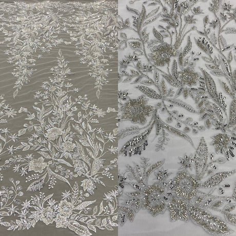 1 Yard Beaded Lace Fabric Elegant Hand-Embroidered Design with Pearls & Sequins on Polyester Net Mesh 52" Wide