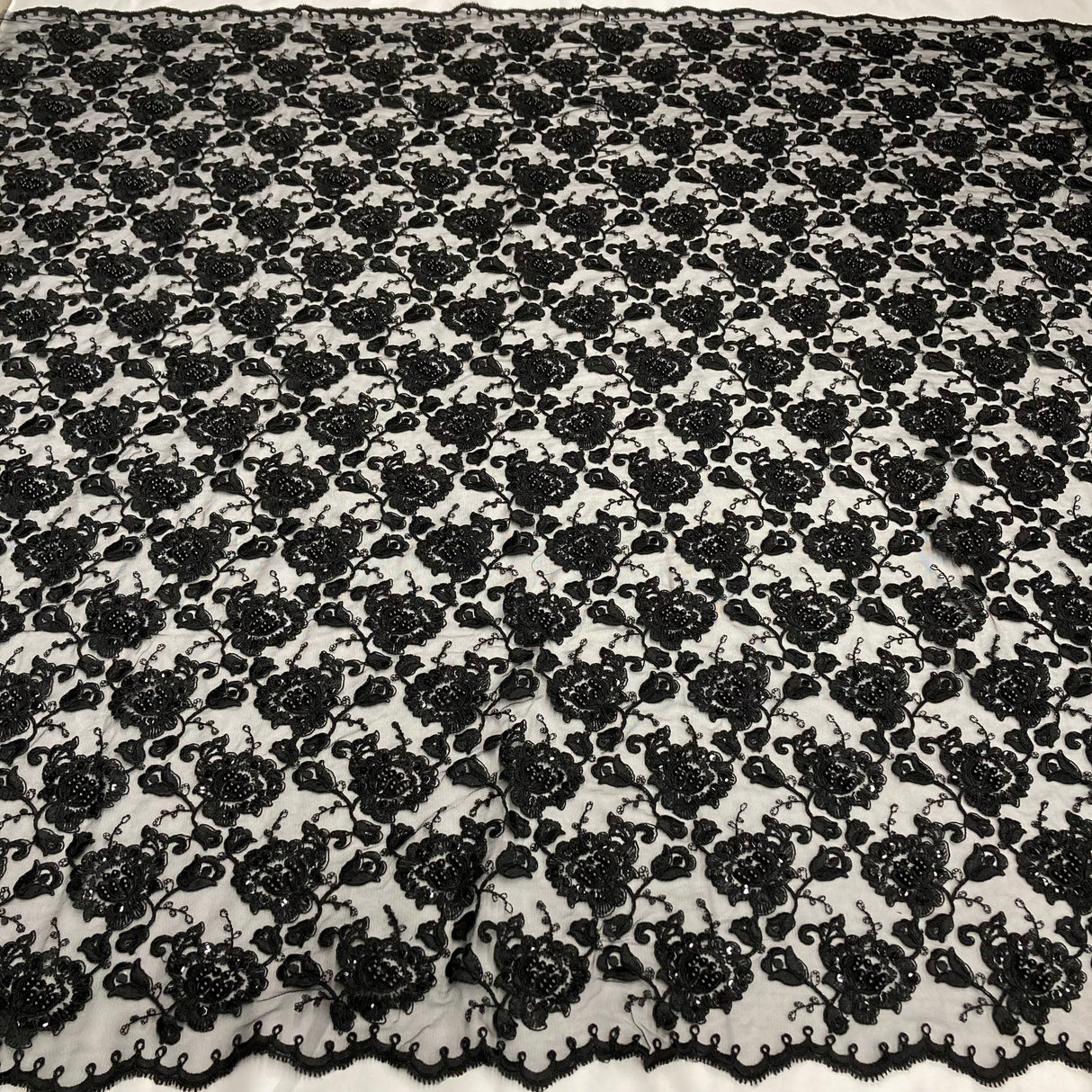 1 Yard Beaded Corded Bridal Lace Fabric Embroidered Net Mesh Black 51" Width