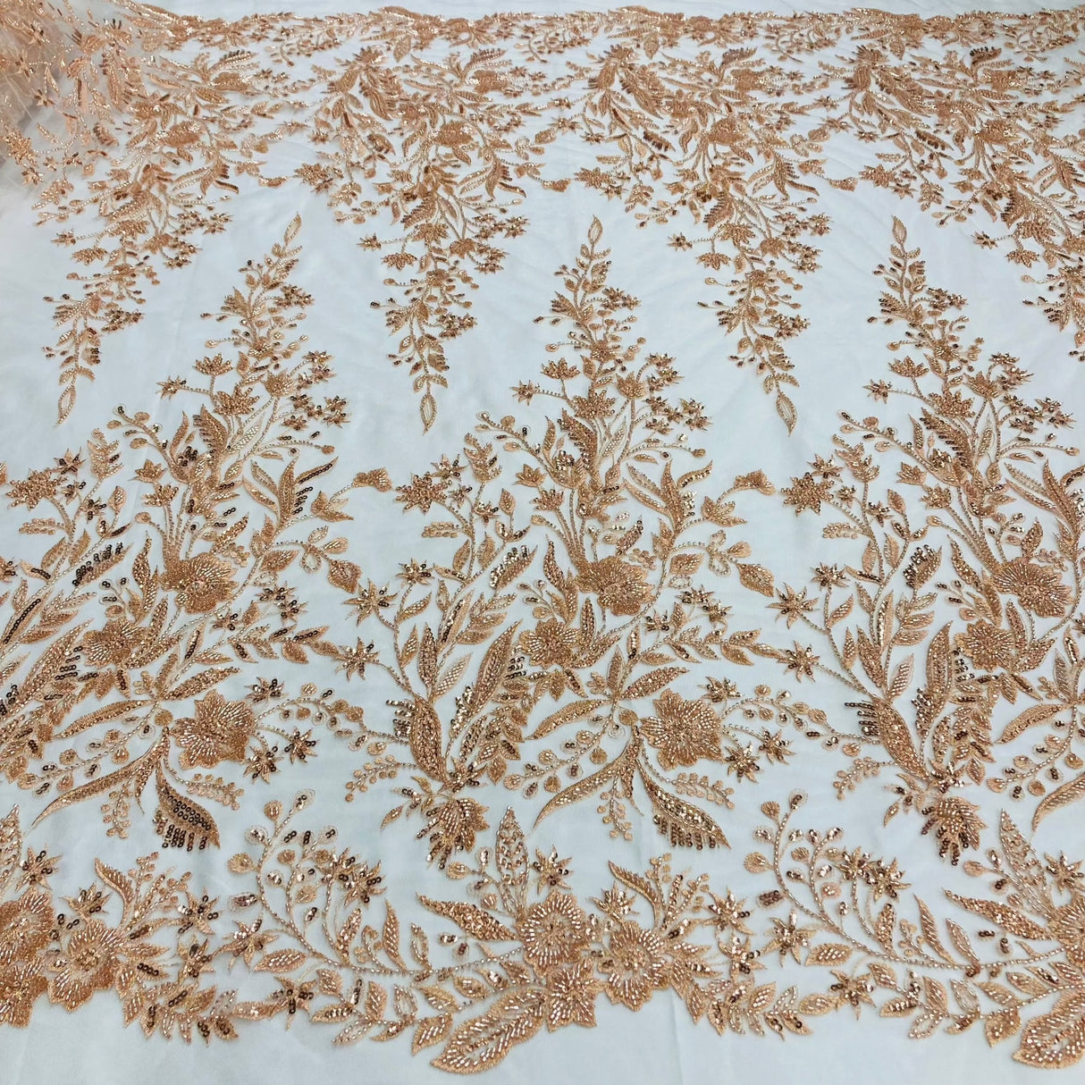 1 Yard Beaded Lace Fabric Elegant Hand-Embroidered Design with Pearls & Sequins on Polyester Net Mesh 52" Wide