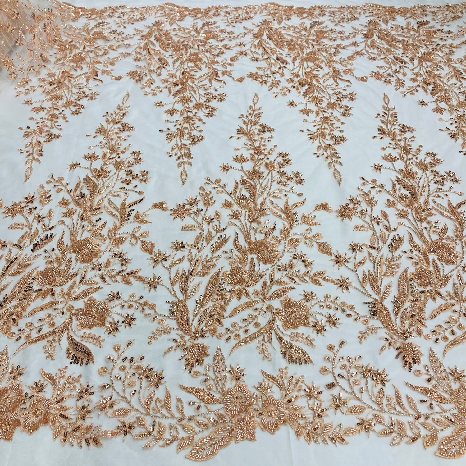 1 Yard Beaded Lace Fabric Elegant Hand-Embroidered Design with Pearls & Sequins on Polyester Net Mesh 52" Wide