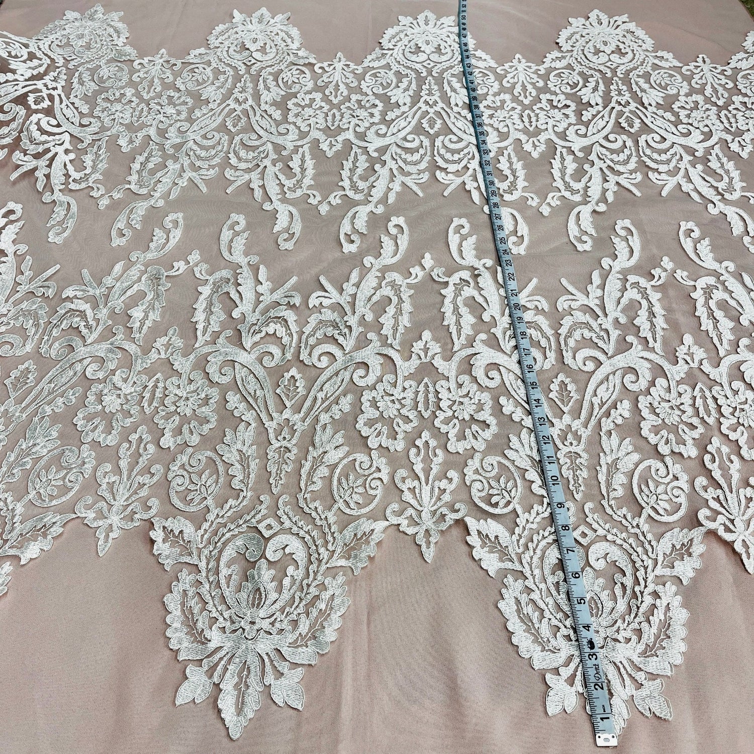 1 Yard Corded Bridal Lace Fabric Embroidered on Polyester Net Mesh