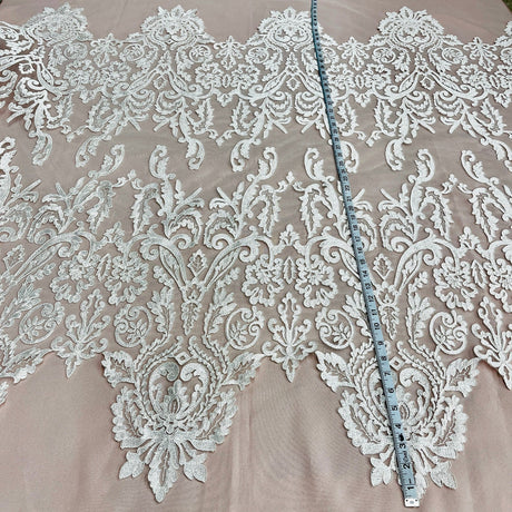 1 Yard Corded Bridal Lace Fabric Embroidered on Polyester Net Mesh