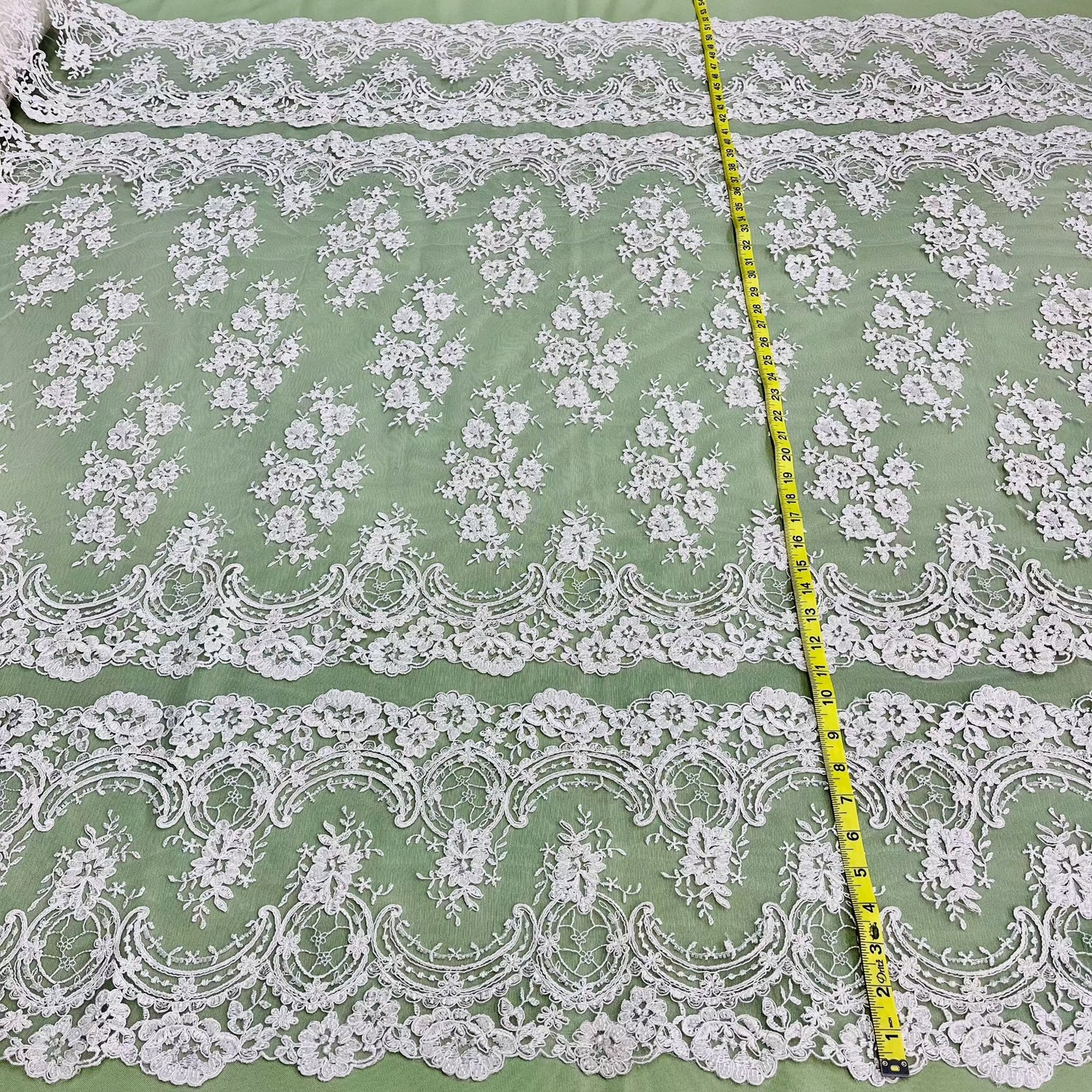 1 Yard Luxurious Beaded Corded Bridal Lace Fabric Embroidered on Premium Mesh 51