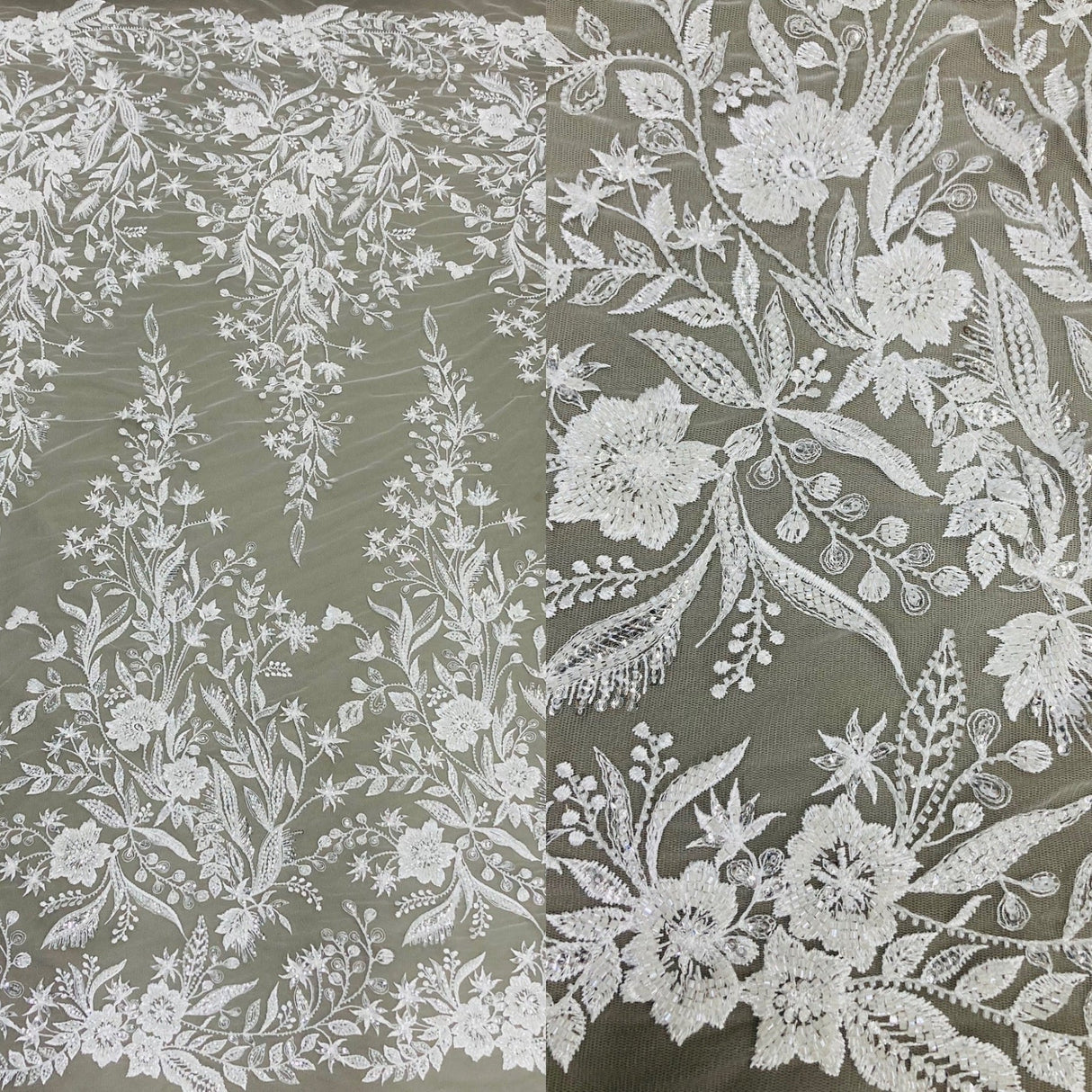 1 Yard Beaded Lace Fabric Elegant Hand-Embroidered Design with Pearls & Sequins on Polyester Net Mesh 52" Wide