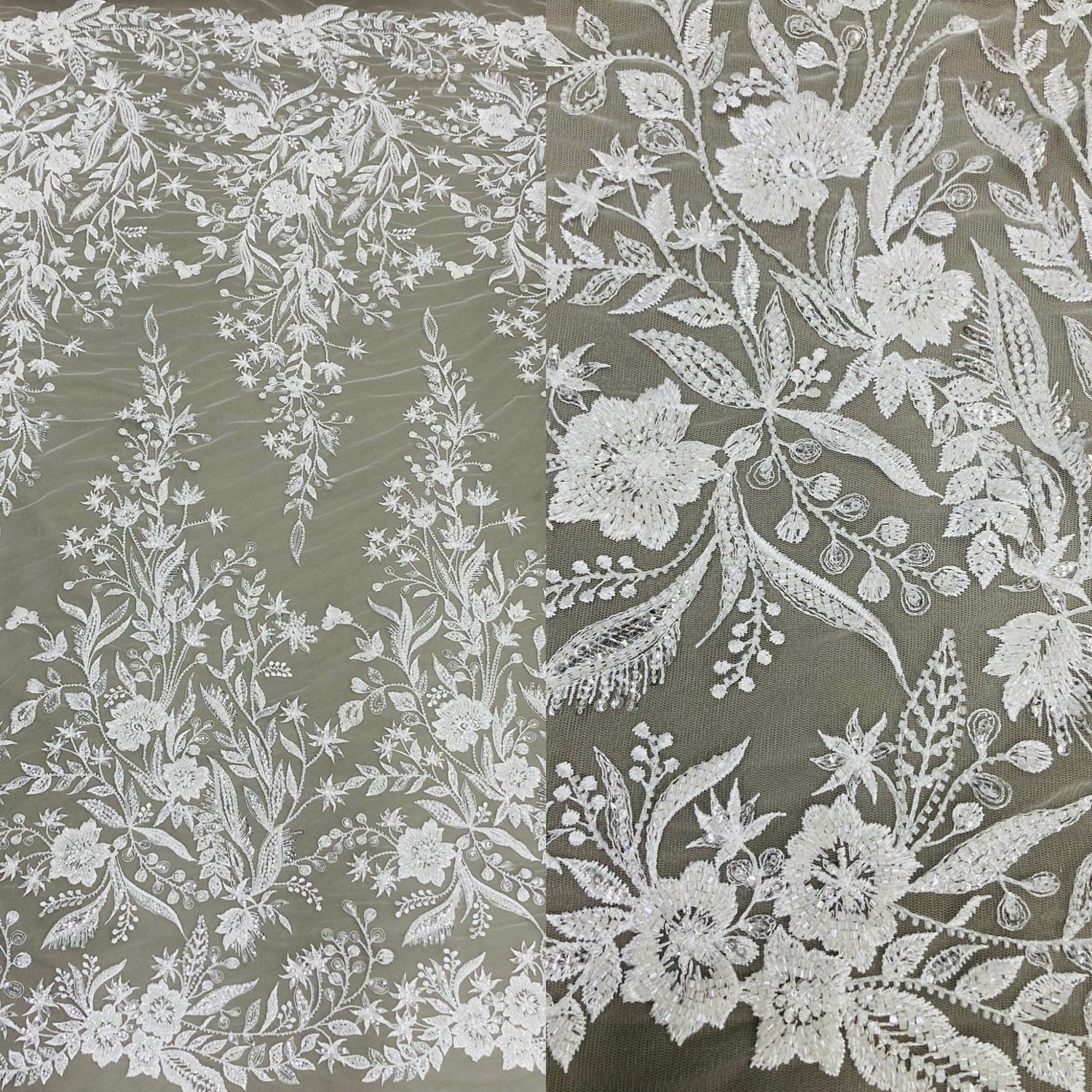 1 Yard Beaded Lace Fabric Elegant Hand-Embroidered Design with Pearls & Sequins on Polyester Net Mesh 52" Wide