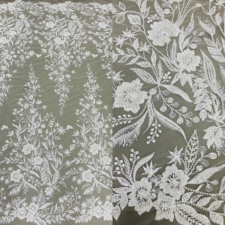 1 Yard Beaded Lace Fabric Elegant Hand-Embroidered Design with Pearls & Sequins on Polyester Net Mesh 52" Wide