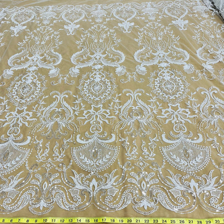 1 Yard Antique Silver Beaded Lace Fabric Embroidered on Polyester Net Mesh Pearls Detail 51 Inch Width