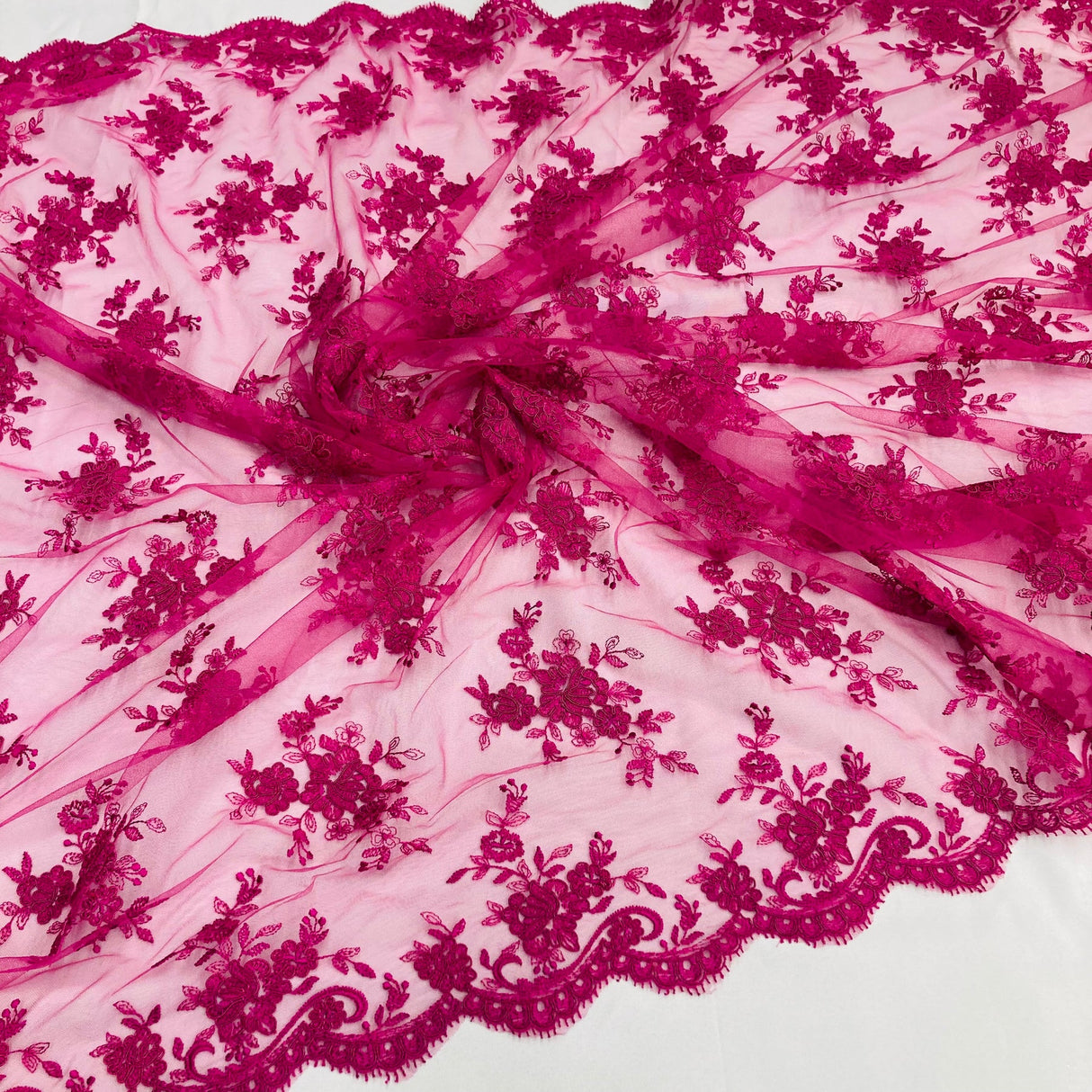 1 Yard Fuchsia Corded Bridal Lace Fabric Embroidered on Polyester Net Mesh 56 Inch Width