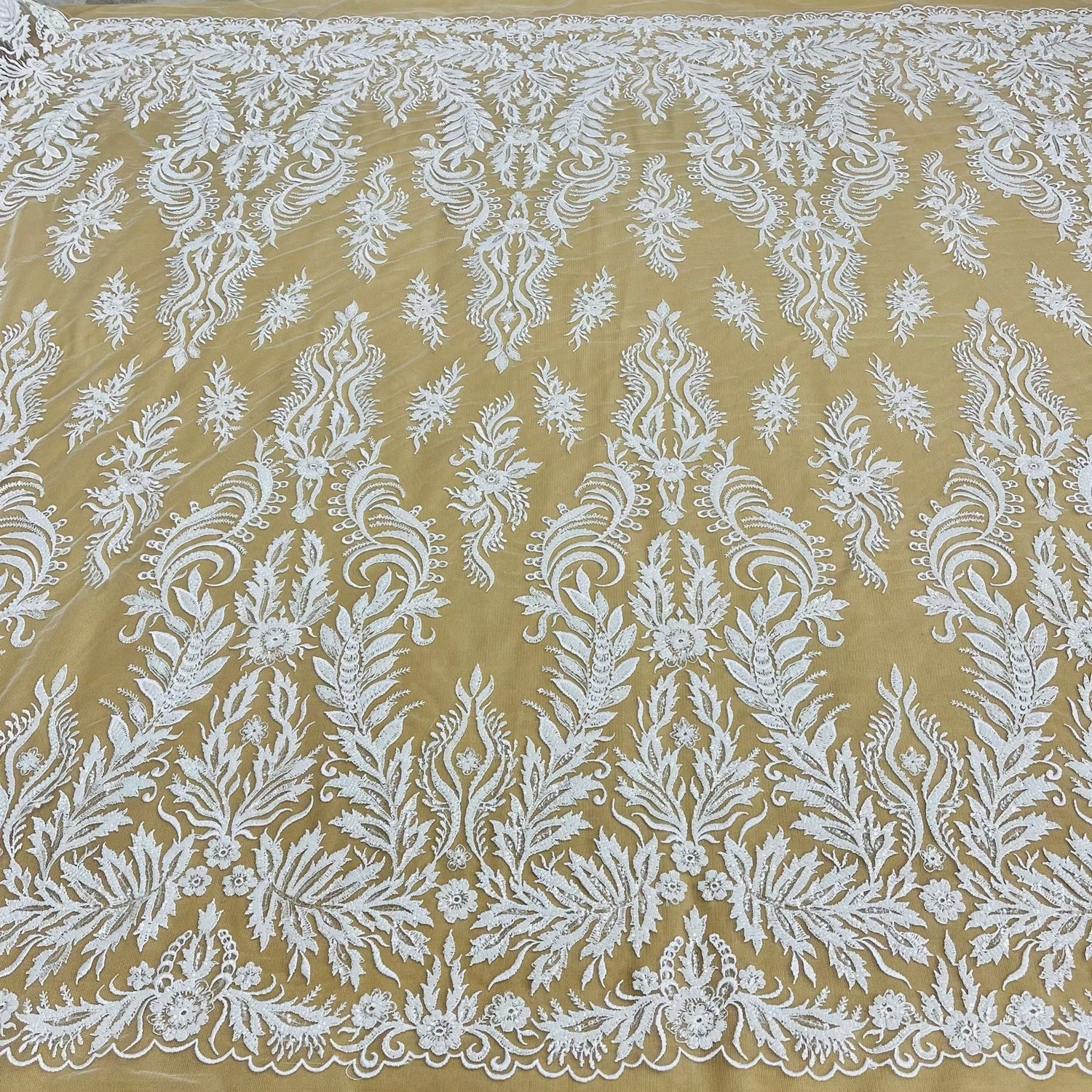 1 Yard Beaded and Sequined Lace Fabric Embroidered on Polyester Net Mesh 56 inch Width