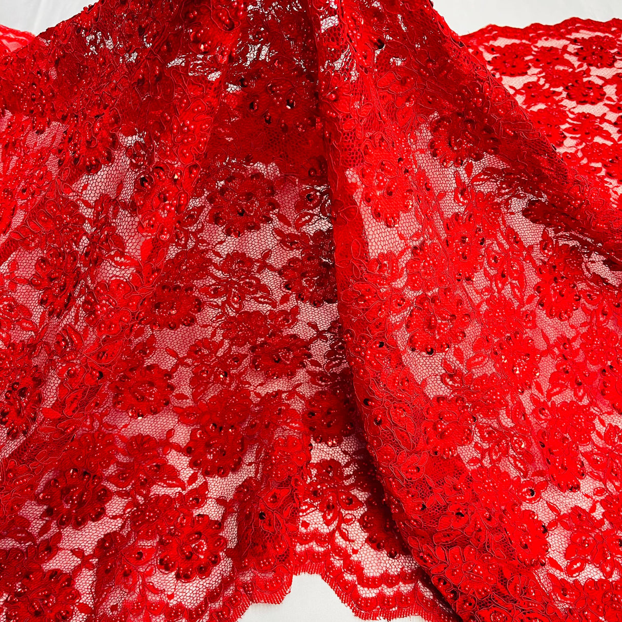 1 Yard White Beaded & Corded Lace Fabric on Polyester Mesh, Embroidered Design, 49" Wide