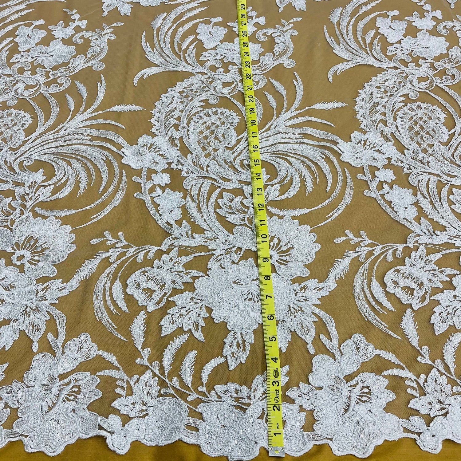 1 Yard Corded and Sequined Bridal Lace Fabric for Elegant Gowns White