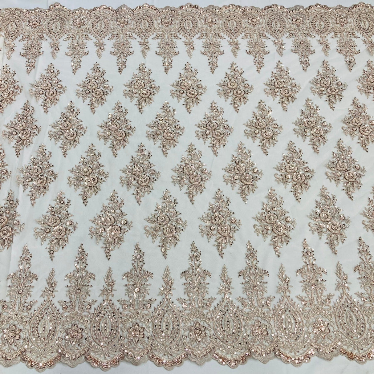 1 Yard Champagne Beaded Lace Fabric on Polyester Net Mesh, Embroidered Lace Fabric, 50" Width