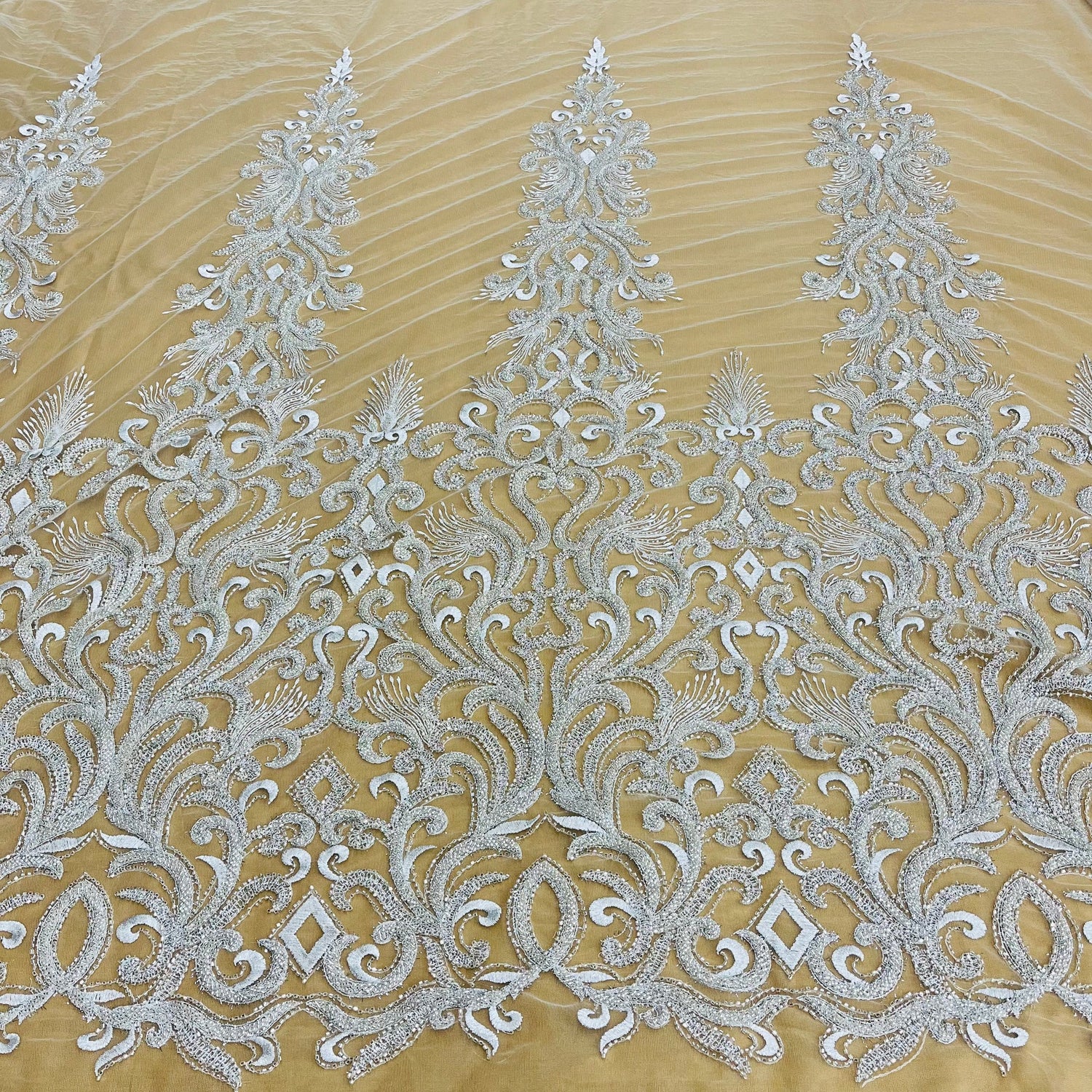 1 Yard Beaded Lace Fabric Embroidered with Fuzzy Thread & Sequins on Polyester Net Mesh for Bridal, Evening & Couture Gowns 49" Wide