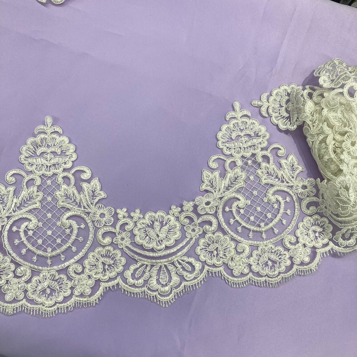 1 Yard Corded Lace Trimming Embroidered on 100% Polyester Net Mesh 8.5″ Wide