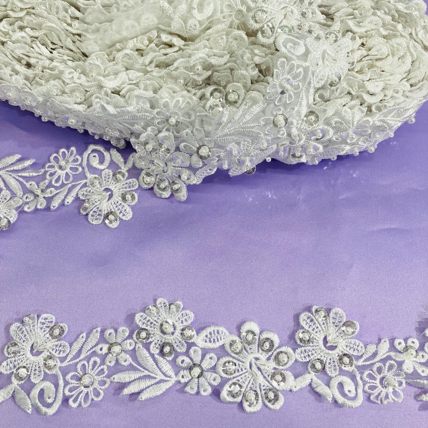 1 Yard Beaded Lace Trimming on Organza | 2" Wide | Elegant Embroidered Trim for Bridal, Formalwear & Costumes