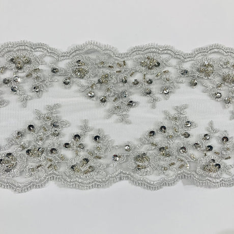 1 Yard Beaded Double Sided Lace Trimming Embroidered on 100% Polyester Net Mesh 5″ Wide