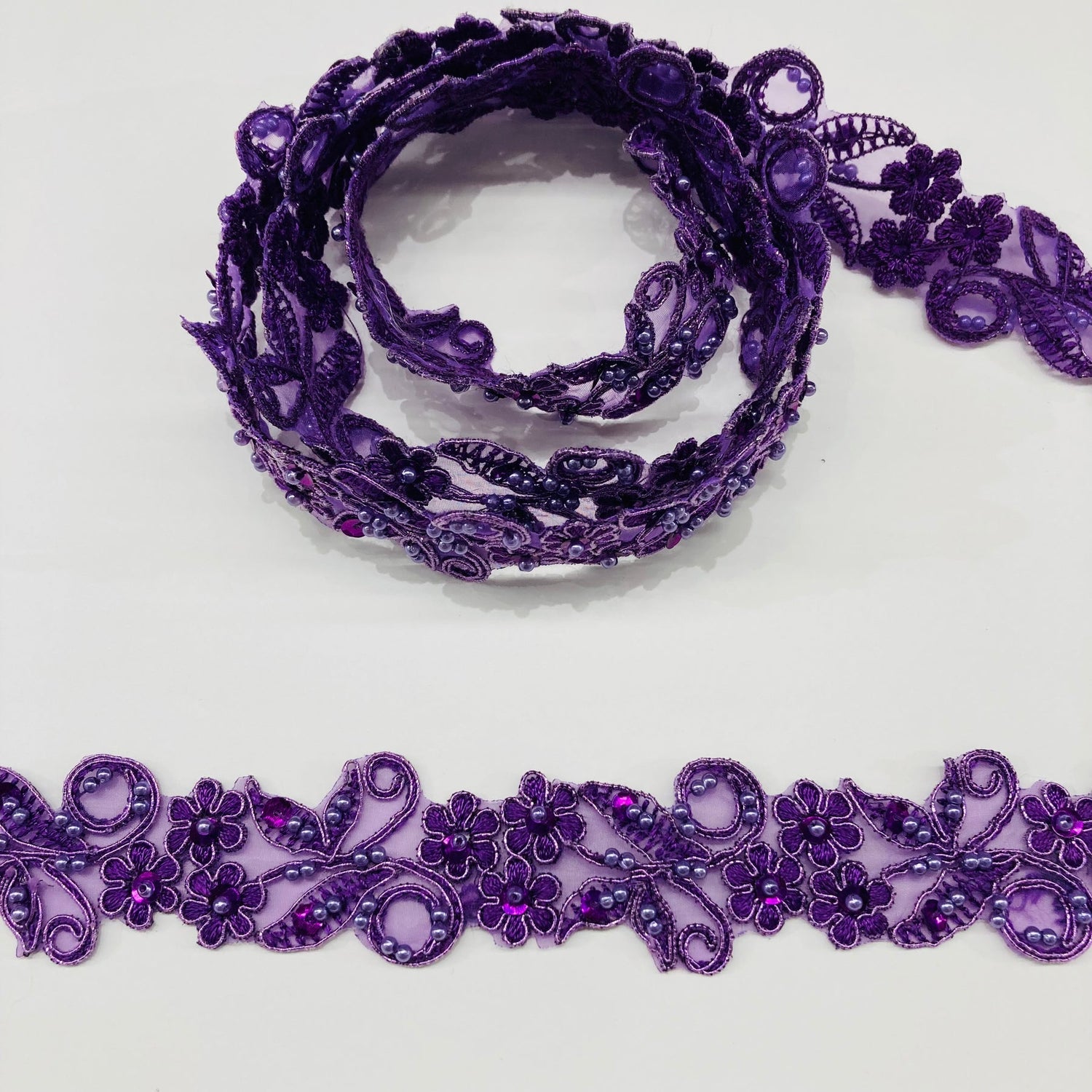 1 Yard Exquisite Beaded & Corded Lace Trimming Embroidered on 100% Polyester Organza for Bridal and Evening Dresses 1.5 Inch Width