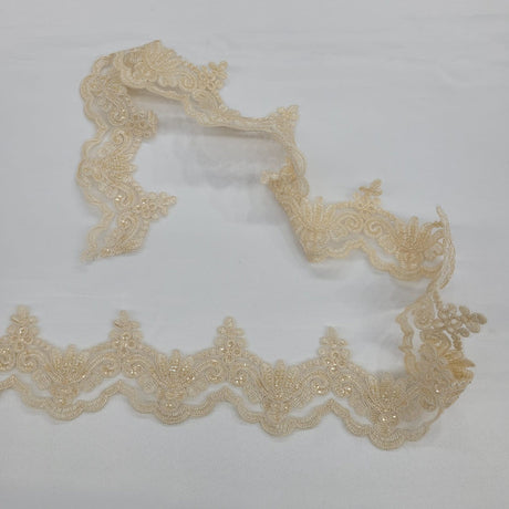 1 Yard Luxurious Beaded & Corded Lace Trimming Embroidered on 100% Polyester Net Mesh for Special Occasion Dresses 3 Inch Width