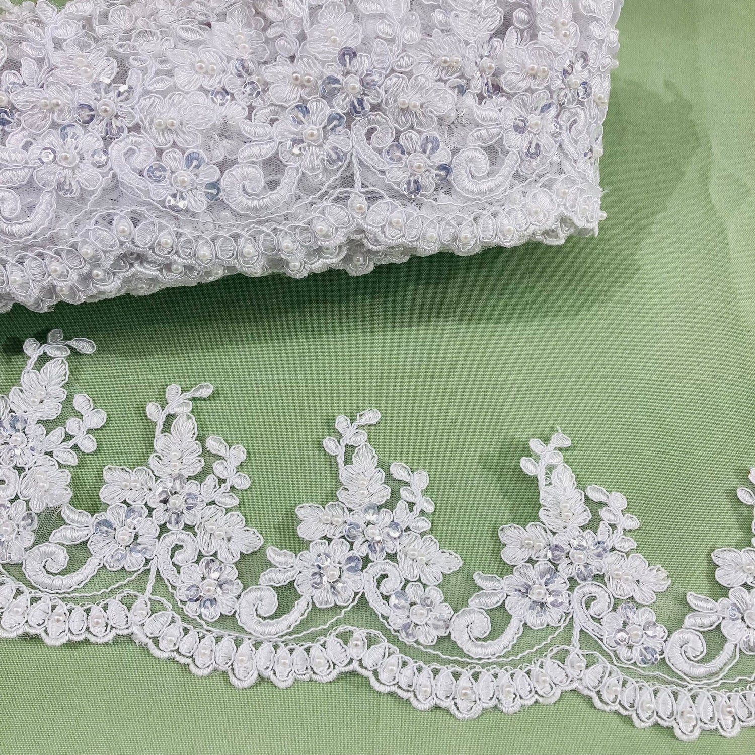 1 Yard Beaded & Corded Embroidered Lace Trim 4.5" Wide 100% Polyester Net Mesh for Bridal & Special Occasion
