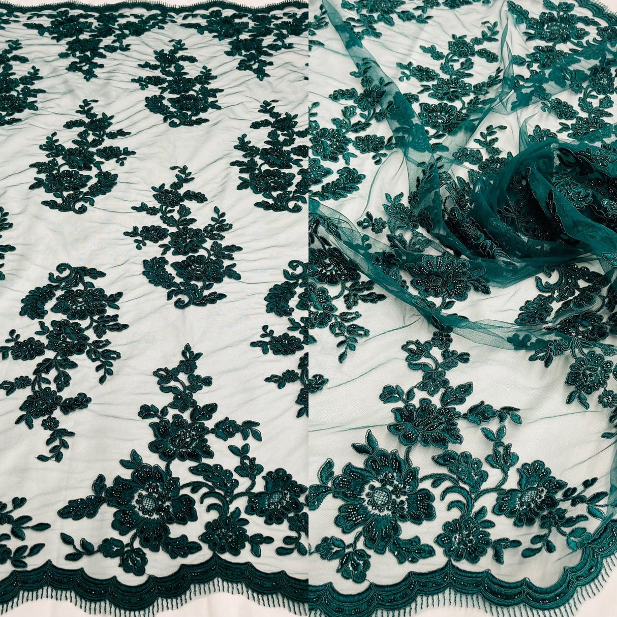 1 Yard Exquisite White Hand-Beaded Corded Bridal Lace Fabric on Net Mesh 51 inch Width