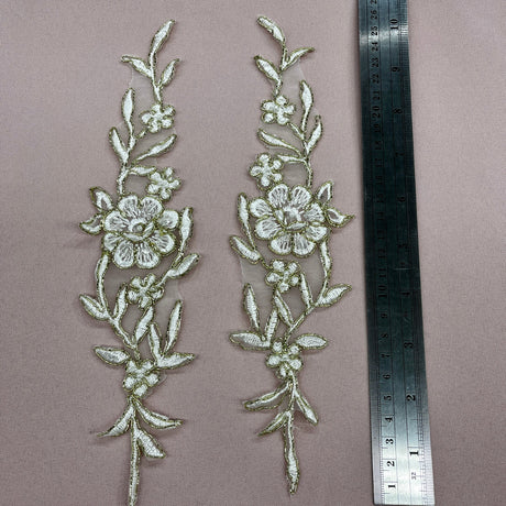 1 Pair Beaded & Corded Lace Applique Embroidered on 100% Polyester Organza