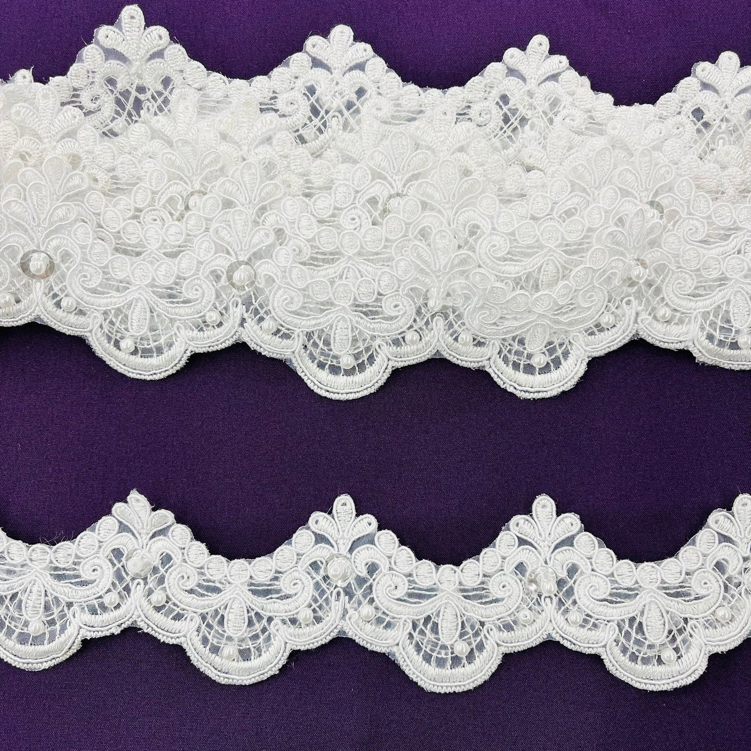 1 Yard Beaded & Corded Lace Trimming on Net Mesh | 2" Wide | Elegant Embroidered Trim for Bridal, Formalwear & Costumes