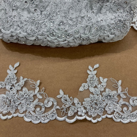 1 Yard  Embroidered on 100% Polyester Organza 4.5″ Wide Beaded & Corded Lace Trimming