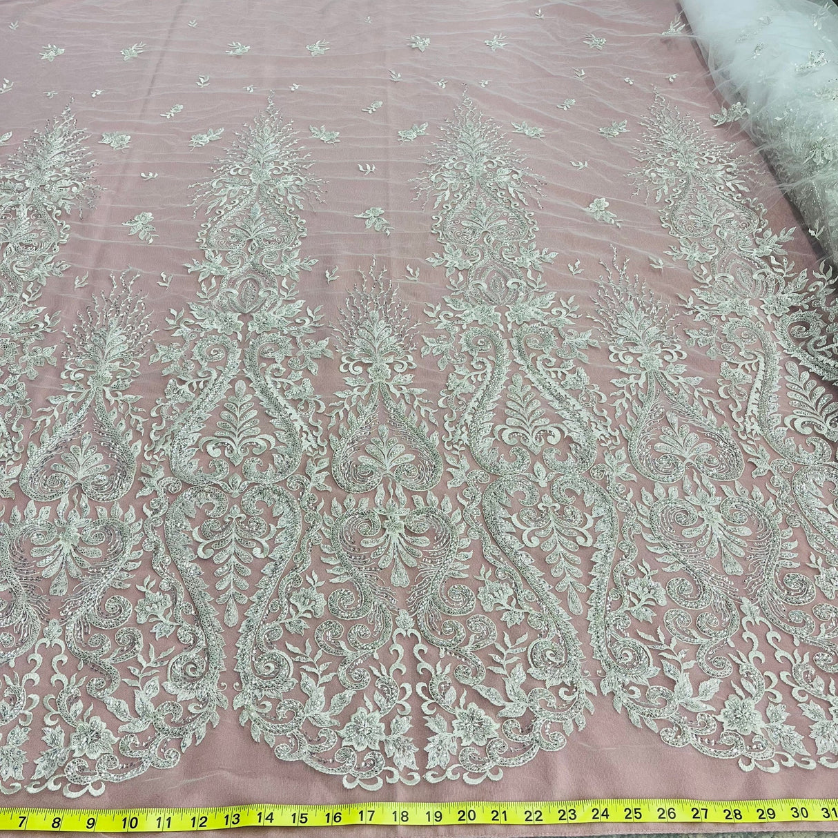 1 Yard Beaded Lace Fabric Embroidered on Polyester Net Mesh 54" Wide, Elegant Bridal & Dressmaking Fabric