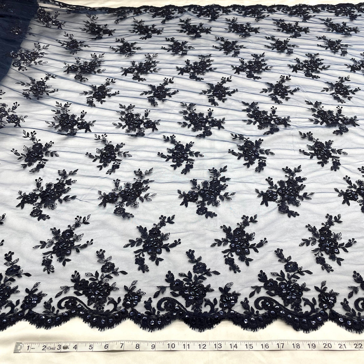 1 Yard Beaded Corded Bridal Lace Fabric Embroidered Mesh Champagne 54" Width