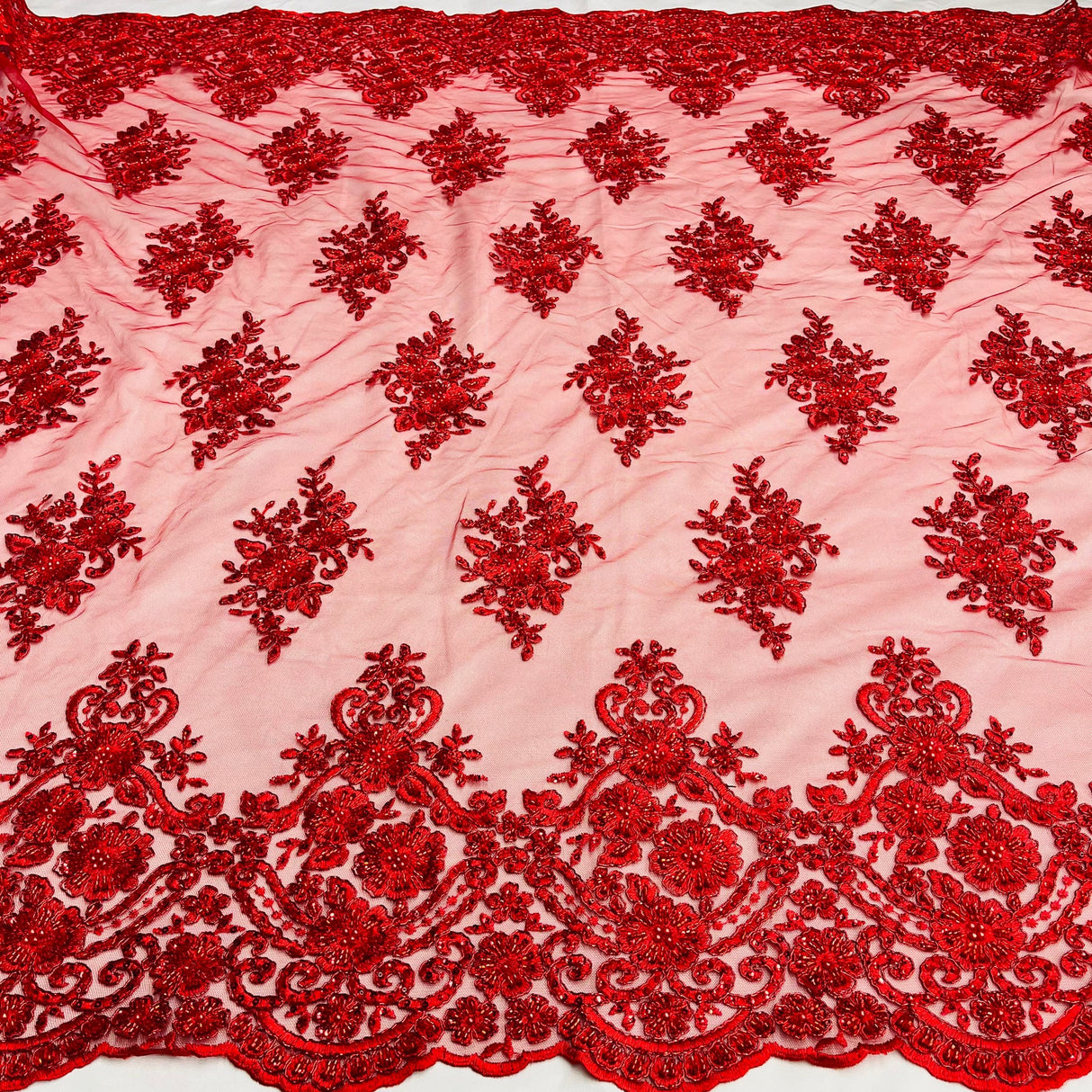 1 Yard Dusty Rose Beaded Corded Lace Fabric with Scallops Embroidered on 100% Poly Metallic 54 Inch Wide