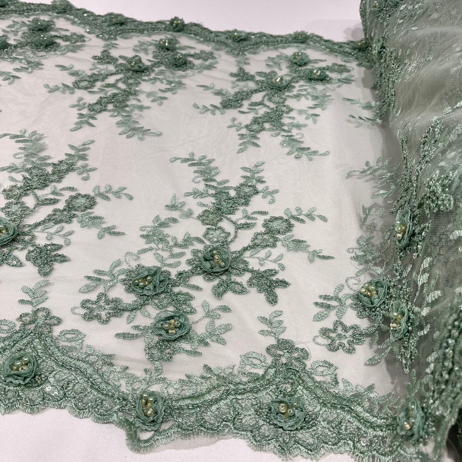 1 Yard 100% Polyester Net Mesh 21" Wide Beaded Double Sided 3D Floral Lace Trimming