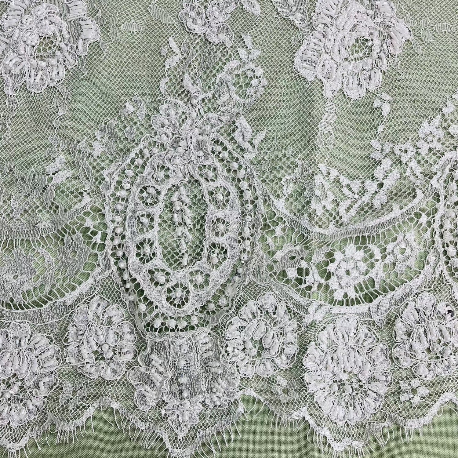 3 Yards Precut Beaded & Corded Chantilly Floral Lace Fabric Embroidered on 100% Polyester Net Mesh 58" Wide