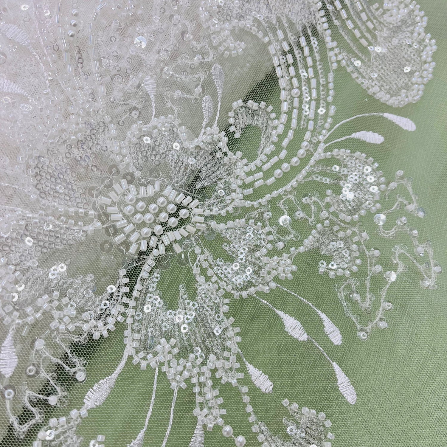 1 Yard Antique Silver Beaded Lace Fabric Embroidered on Polyester Net Mesh Elegant Design 52 Inch Width