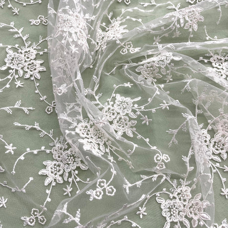 1 Yard Corded Bridal Lace Fabric Embroidered on 100 Percent Polyester Net Mesh White 52 inch Width