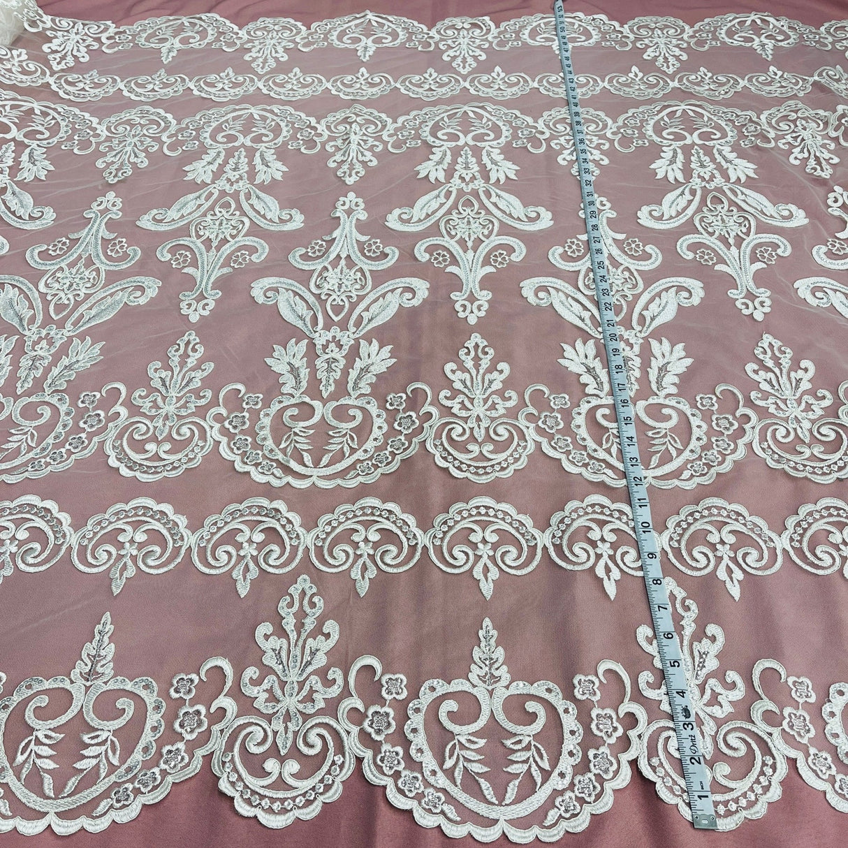 1 Yard Elegant Beaded and Corded Bridal Lace Fabric Embroidered on Polyester Net Mesh 51" Width