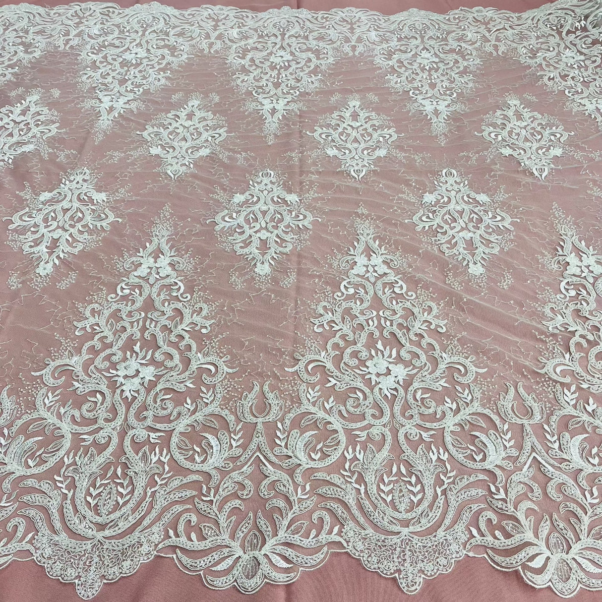 1 Yard Beaded & Corded Bridal Lace Fabric, Handcrafted Embroidered Polyester Net Mesh for Couture Wedding, Quinceanera & Evening Gowns 56" Wide