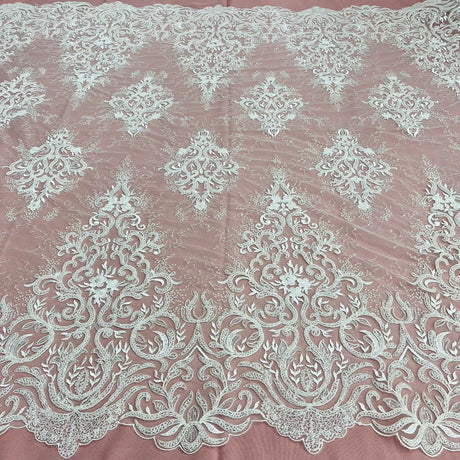 1 Yard Beaded & Corded Bridal Lace Fabric, Handcrafted Embroidered Polyester Net Mesh for Couture Wedding, Quinceanera & Evening Gowns 56" Wide