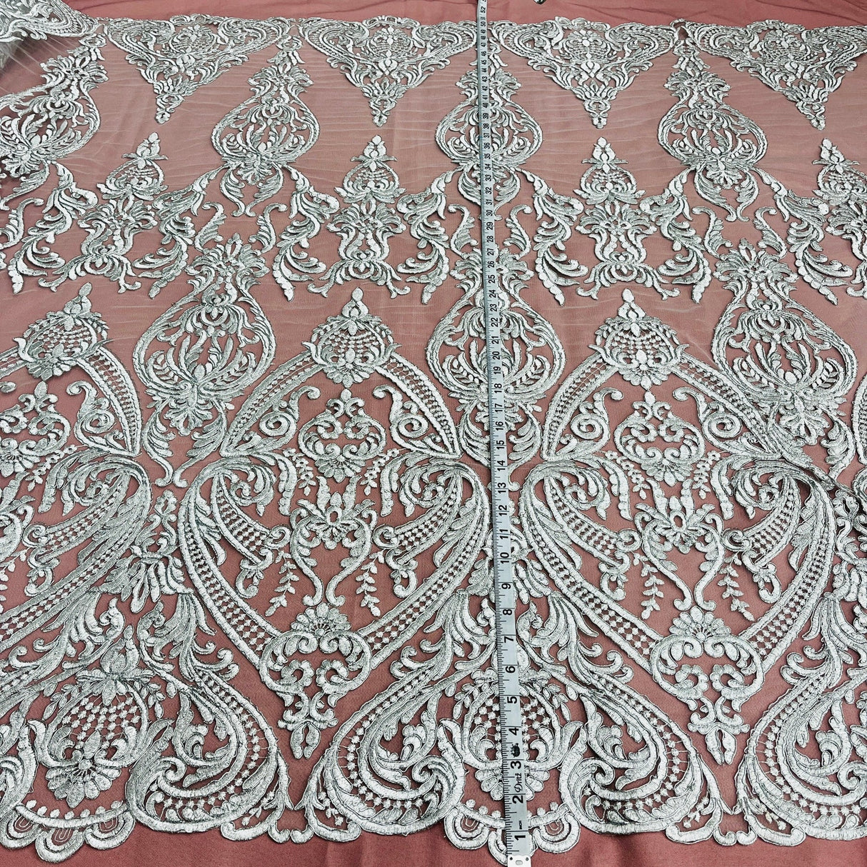 1 Yard Elegant Corded Bridal Lace Fabric Embroidered on Premium Polyester Mesh 54