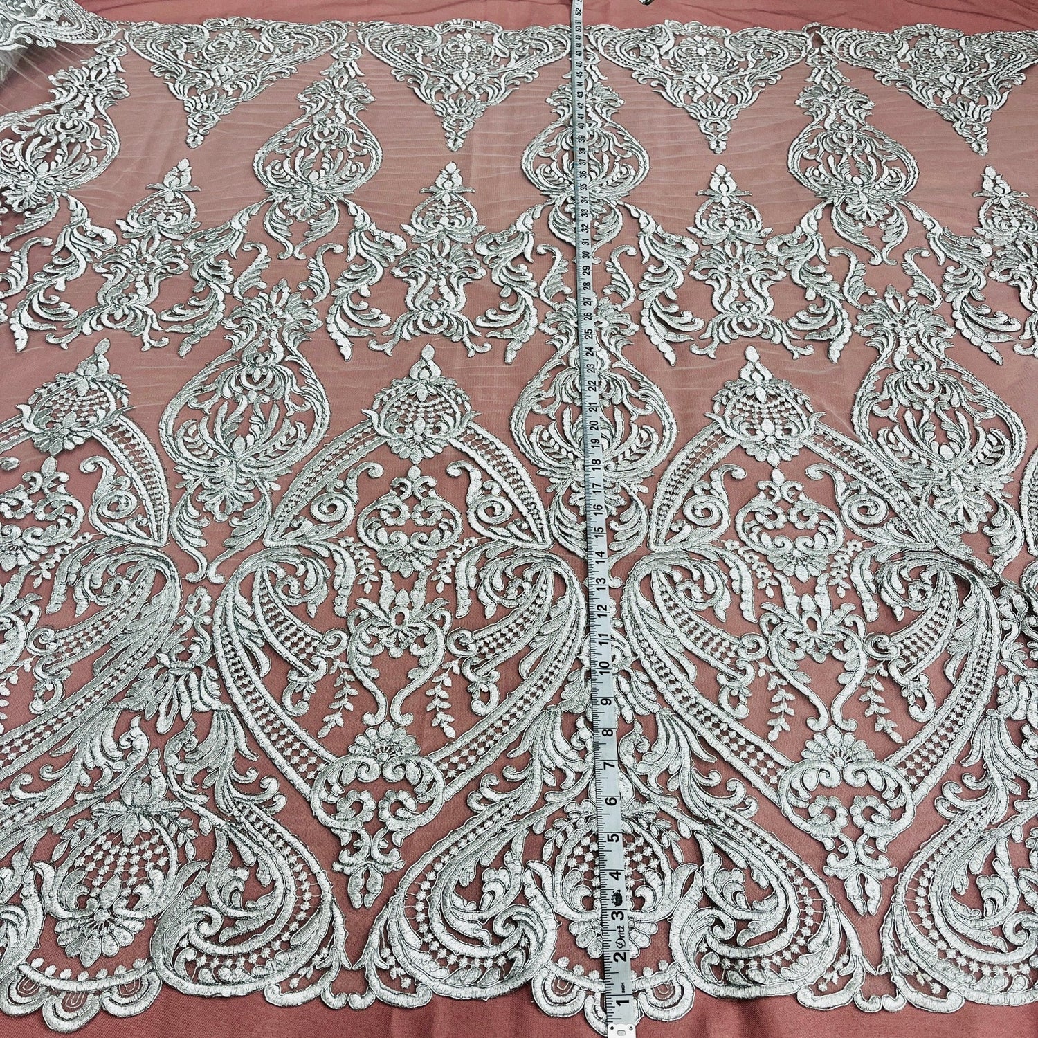 1 Yard Elegant Corded Bridal Lace Fabric Embroidered on Premium Polyester Mesh 54