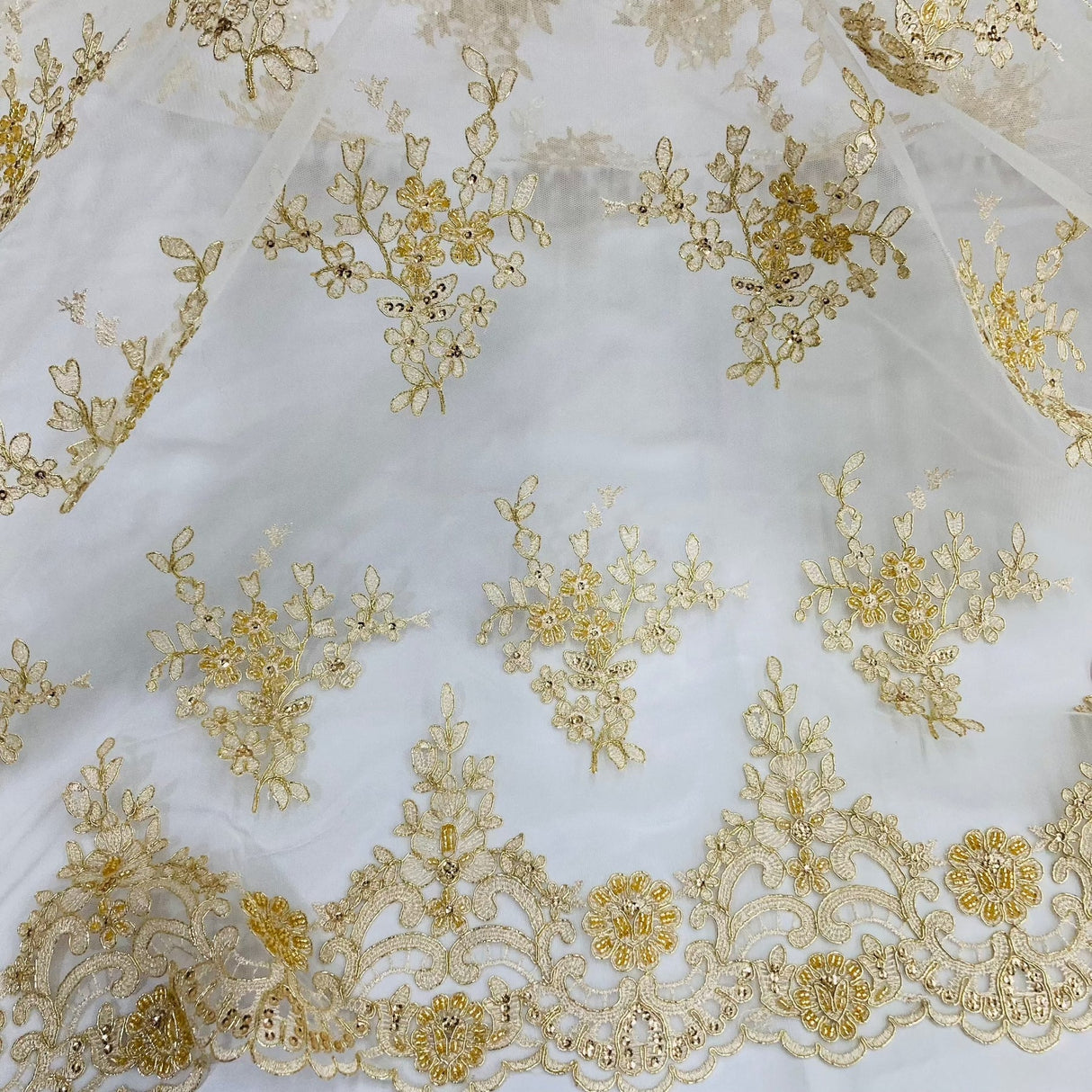 1 Yard Gold Beaded Corded Bridal Lace Fabric Embroidered on Polyester Net Mesh 56 inch Width